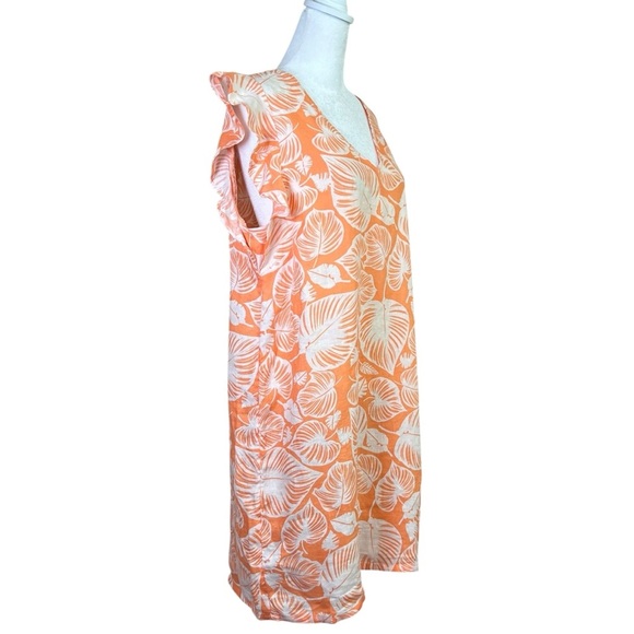 TAHARI 100% Linen Orange Tropical Leaf Dress Size Large Coastal Flutter Sleeve - Picture 5 of 11